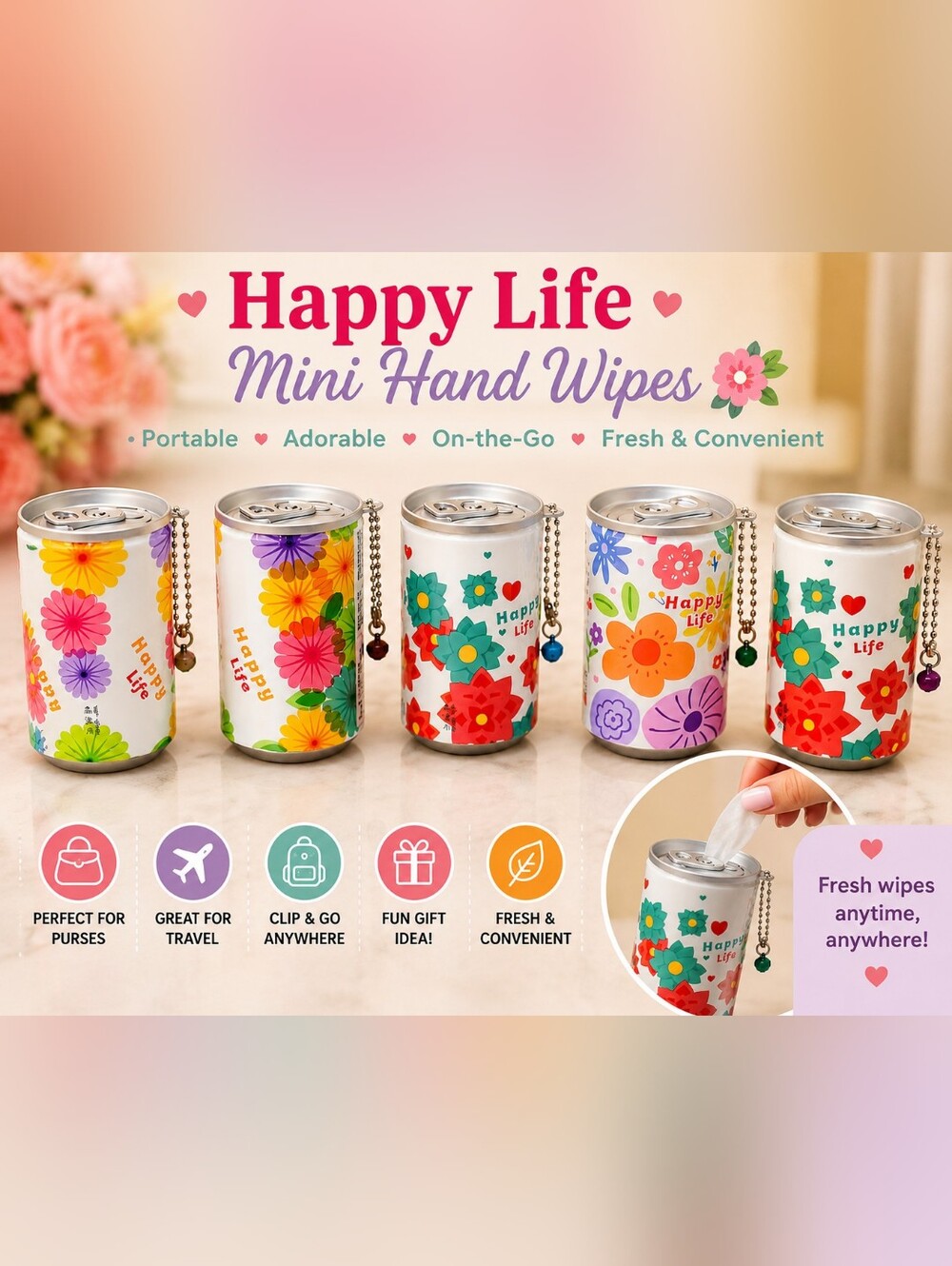 🌸Happy Life Mini Hand Wipes – Floral Portable Canister (Assorted Colors)